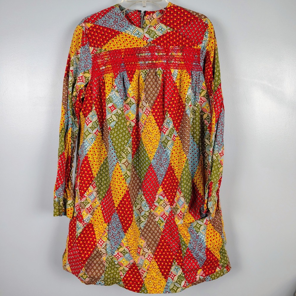 Womens SZ S Patchwork Harlequin Smocked Mini Dress Multicolor Boho Cottagecore